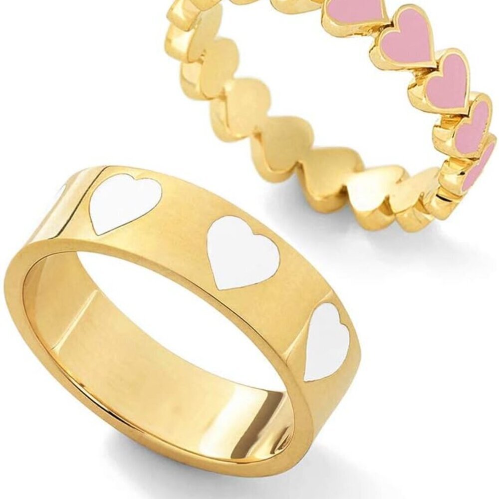 2PCS Colorful Heart Ring Gold Band Rings Set for Women Couple Cute Love Heart Pl